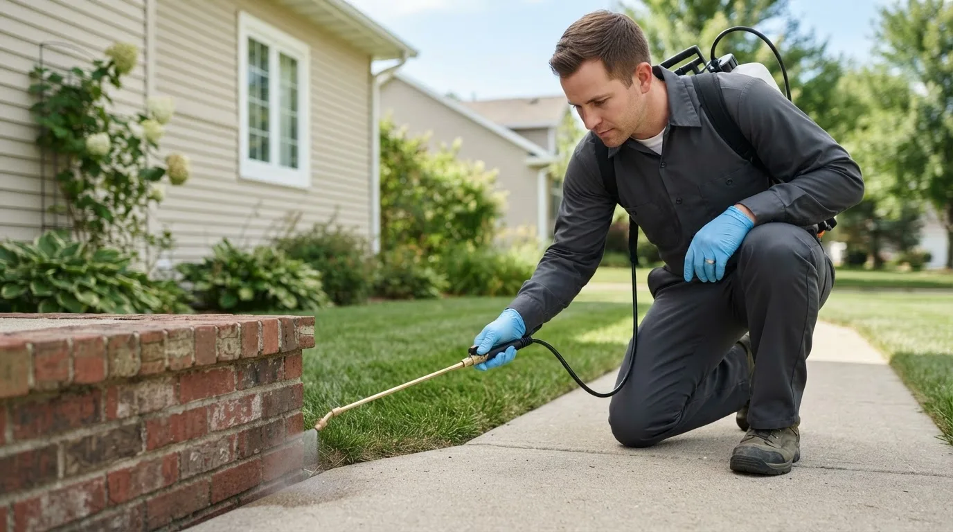 Pest control technician treating a home near Denton, NE
