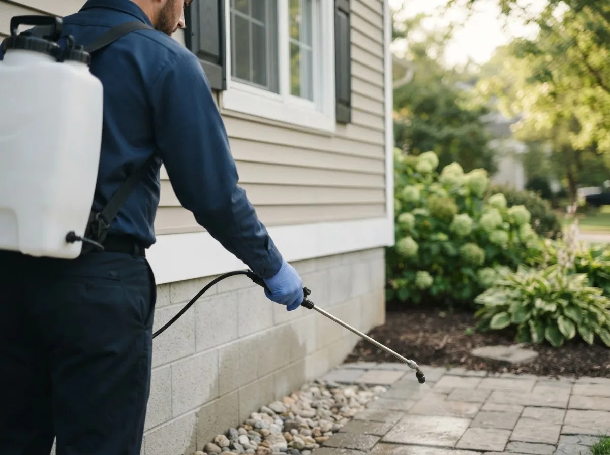 Pest control technician inspecting a home in Denton, NE